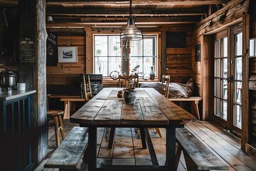 Elegant Rustic Dining Room Design Showcasing a Wooden Table and Bench Seating