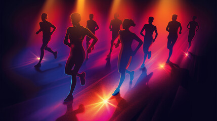 Fototapeta premium Running people against the background of blurred Ion stripes, a sense of movement of running people