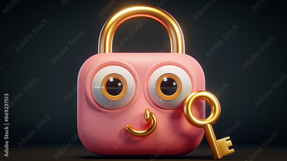 Poster a pink secure padlock with a key to open the safe. isolated illustration of a password locker that i