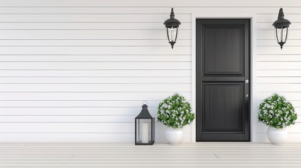 A black front door with a black doormat, two potted trees, and two lanterns on the white siding of a house