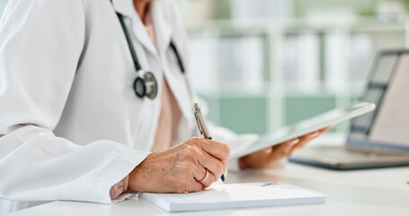 Woman, doctor and hands writing with tablet for prescription, diagnosis or medical results at...