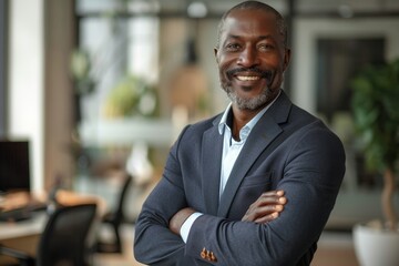 Smiling black executive posing with his arms crossed at the office looking at the camera, Generative AI 