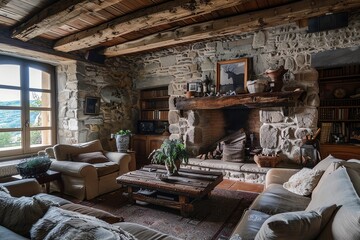 Contemporary Rustic Living Room with a Stone Fireplace and Classic Wooden Beams