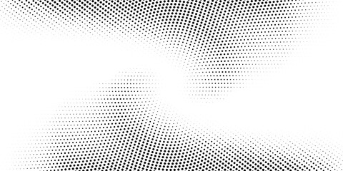 Black halftone radial gradient texture. Grunge halftone twist background. White and black sand noise wallpaper. Retro pixelated vector backdrop