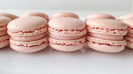 Delectable Pink Macarons Lined Up on a White Background