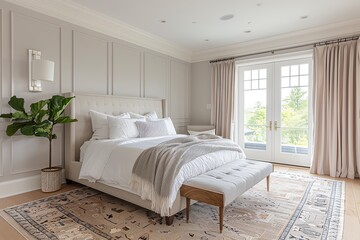Contemporary Serene Bedroom with Pastel Tones and a Soft Plush Rug