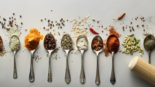 various spoon of spices, seasonings, and herbs, creating a true culinary kaleidoscope.