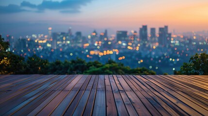 Wooden deck overlooking city skyline sunset blurred background urban view evening serene
