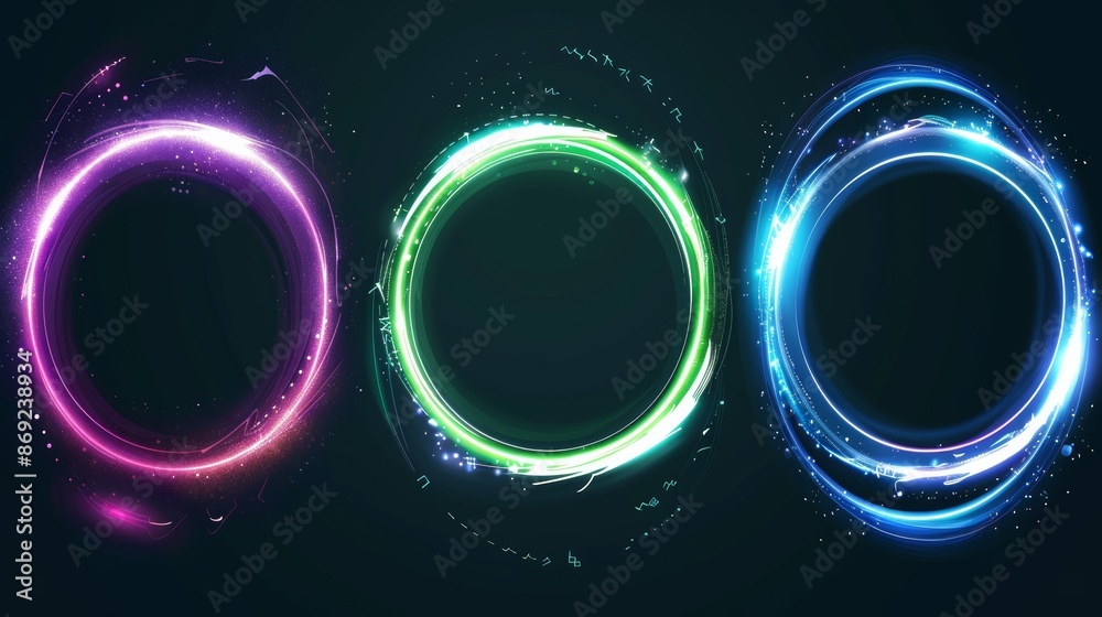 Wall mural space ball round frame. radial orb design. planet sparkle with lens on edge graphics. halo neon glow