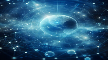 Blue abstract background with network grid and particles