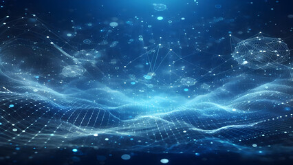 Blue abstract background with network grid and particles