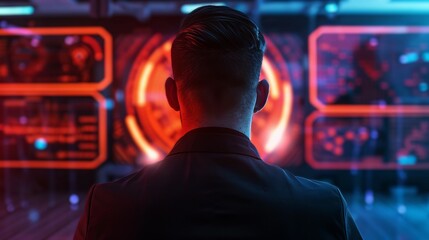 Man facing high-tech screens with neon lights. Futuristic technology and data analysis concept in a modern control center.