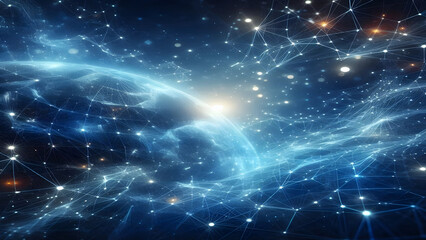 Fototapeta premium Blue abstract background with network grid and particles