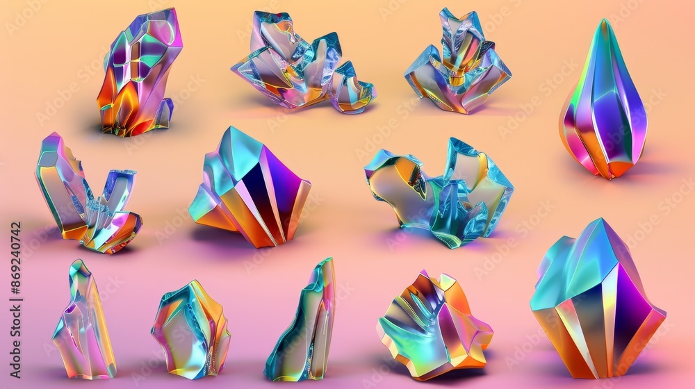 Poster the abstract geometric glass figure has a hologram effect. the set of design elements is in 3d with 