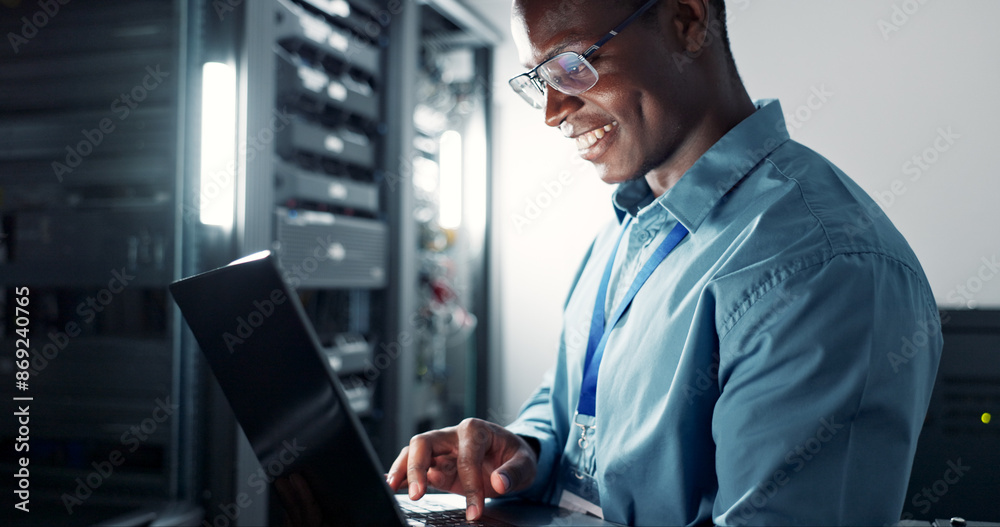 Aufkleber Laptop, server room and black man on database network for maintenance, programming software or typing. Tech, data center and happy engineer on system for information, cybersecurity or cloud computing
