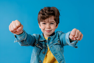 Energetic Boy Punching the Air on Blue Background