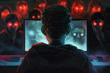 Online predator concept. Young kid with laptop suffering cyber bullying. Child victim . Social media network and the dangers of internet. Generative Ai