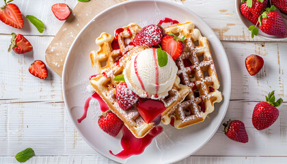 Belgium waffles with strawberries and ice cream on white plate. Top view