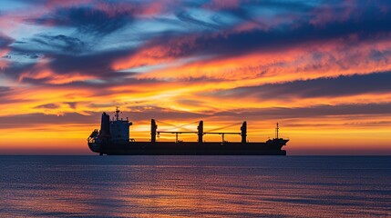 Cargo ship silhouetted against fiery sunset sky.