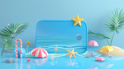 Refreshing summer discount promotion: 3D template with tropical resort island vibe, beach and pool elements and cute beach items