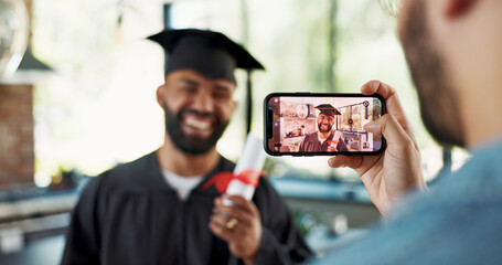 Fototapeta premium Phone screen, selfie and happy man with graduation certificate in house for celebration, pride and success. Education, smartphone or friends with profile picture for university, blog and photography