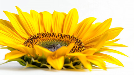 A close-up of a yellow sunflower facing the camera, isolated on a white background