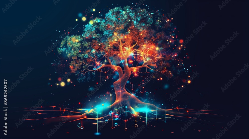 Poster Flat style illustration of psychological concepts with nature elements like a tree with roots and