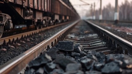 Fototapeta premium A close-up view of a Russian railway train track with a focus on the coal scattered along the tracks. The train is blurred in the background, moving towards the horizon