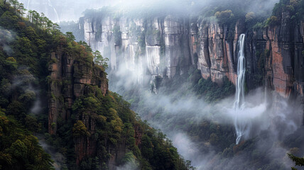 A dramatic hanging valley with a waterfall plunging into a misty forest below