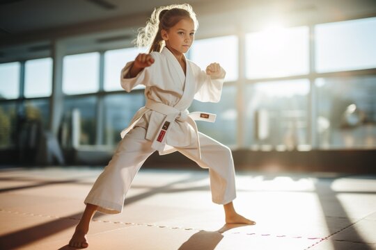 Young child in white karate suit practicing martial arts at gym class
