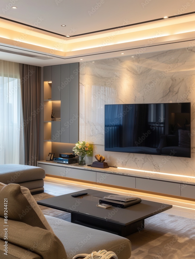 Poster a stylish living room featuring a modern smart tv and home theater system, showcasing bright and sha