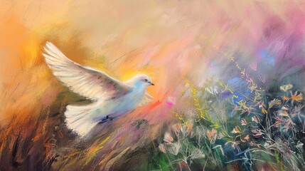 Abstract painting of dove flying vibrant colors dynamic scene