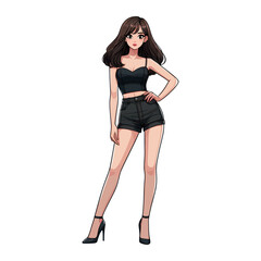 Fototapeta premium Vector illustration of a girl in a black top and shorts, confident pose.