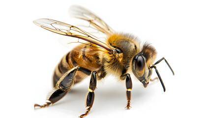 Honey bee traversing the clean white canvas, showcasing its intricate movements and unique charm. isolated on white background
