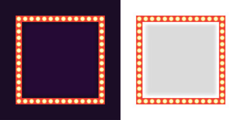 Realistic retro rectangle and circle neon marquee billboard for decoration. Concept of cinema and broadway. Isolated over transparent