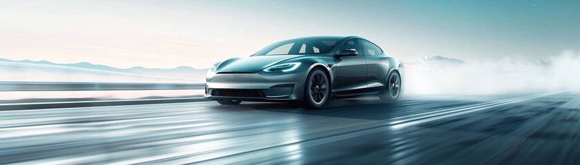 Obraz premium A sleek and modern advertisement for a new electric car, featuring seamless transitions between the car driving through different environments, from city streets to open highways, highlighting its