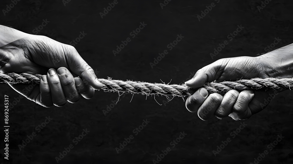 Wall mural Hand in Black and White Pulling Rope to Opposite Sides, Paper Textured Black Background with Copy Space