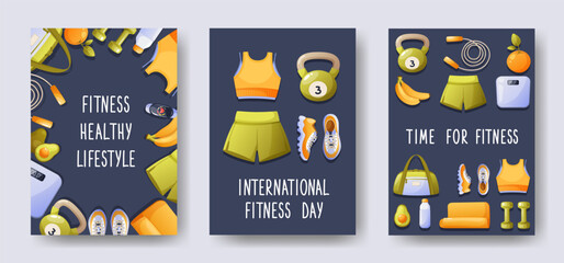 Set of vector templates for cards, posters and invitations on the theme of fitness, sports. Fitness healthy lifestyle, world fitness day, time for fitness. Sports equipment, sportswear.