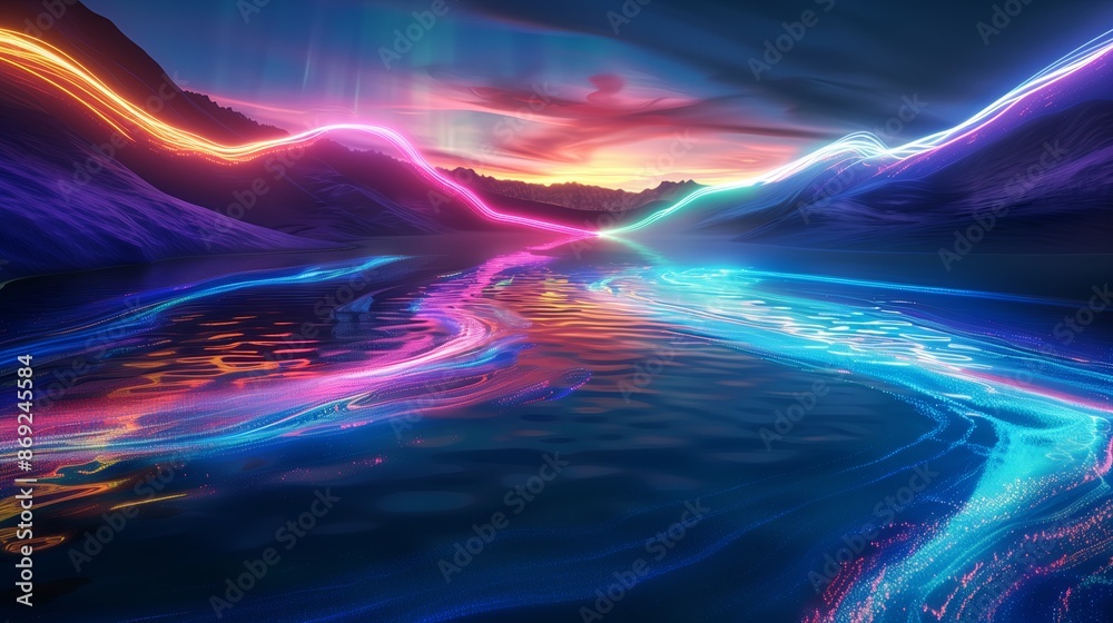 Poster minimalist abstract representation of the human mind, using flowing water and river pathways with