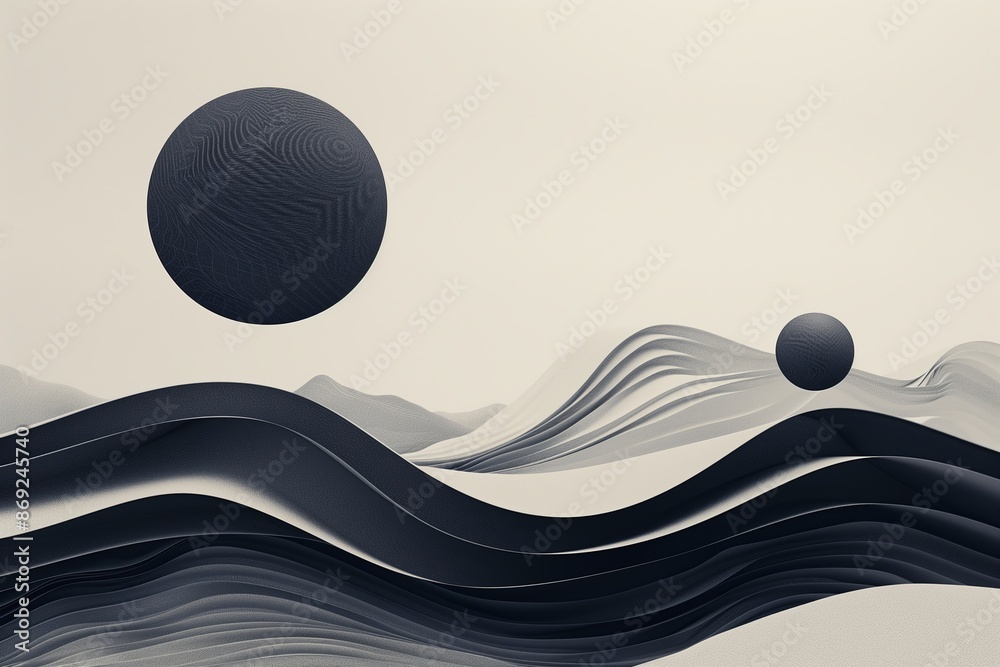 Poster Minimalist depiction of mental health, using abstract forms like circles and waves to symbolize calm
