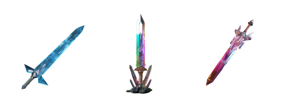 Collection long crystal sword with an ice-like texture and light, cartoon style, 3D rendering, low angle view, side perspective, game art design, fantasy elements, high resolution