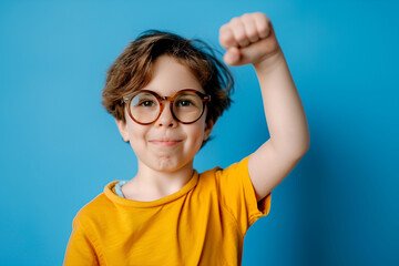 Cheerful Boy Raising Fist in Triumph on Blue Background