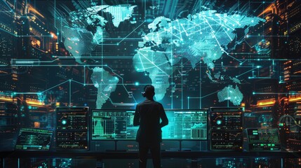 Fototapeta premium Global Network Monitoring: A Cybersecurity Professional in Action