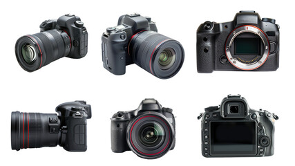 set collection of professional DSLR photo camera body with zoom lenses in various angles, PNG files of isolated cutout objects on transparent backgrounds. media technology and photography concept.