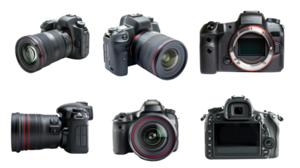 set collection of professional DSLR photo camera body with zoom lenses in various angles, PNG files of isolated cutout objects on transparent backgrounds. media technology and photography concept.
