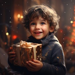 Naklejka premium happy little boy gets present for Christmas