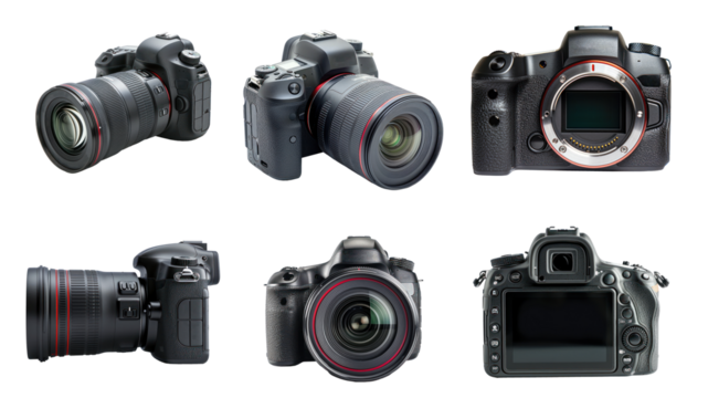 set collection of professional DSLR photo camera body with zoom lenses in various angles, PNG files of isolated cutout objects on transparent backgrounds. media technology and photography concept.