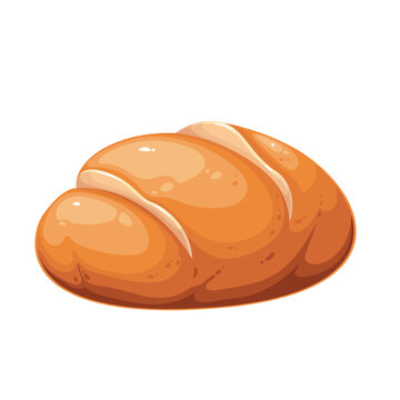 Round bread, cartoon loaf with cuts and golden crust. Wheat rustic bread baked from organic white flour by baker, product of bakery mascot, cartoon fresh traditional food snack vector illustration