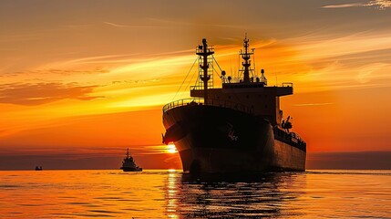 Obraz premium Silhouette of a large cargo ship sailing at sunset.