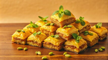 A plate of pastries baklava with green mint leaves on top. The plate is on a wooden table.